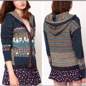 Free People Fair Isle Hooded Cardigan Sweater Nordic Boho Alpaca Silk Small